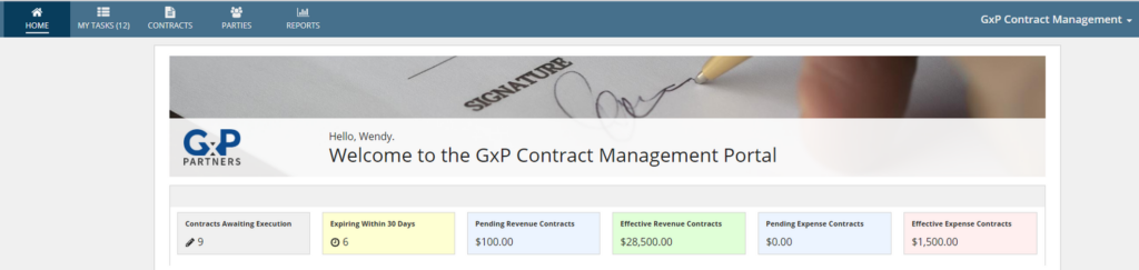 The GxP Contract Management portal dashboard